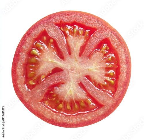 Wallpaper Mural Close-up, top-down view of a tomato slice.  Red, juicy tomato, perfectly round slice.  Visible seeds and flesh.  Against pure white background Torontodigital.ca