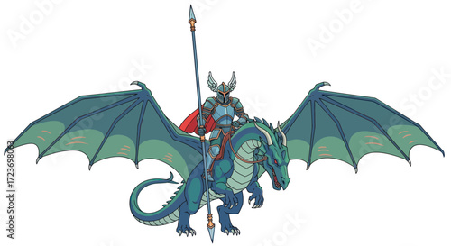 Armored Knight Riding a Blue Dragon with Spear.