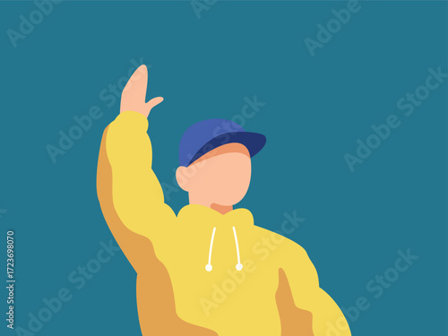 A vector illustration of a person with a blank face in a yellow hoodie and blue cap, raising their hand in a greeting or wave