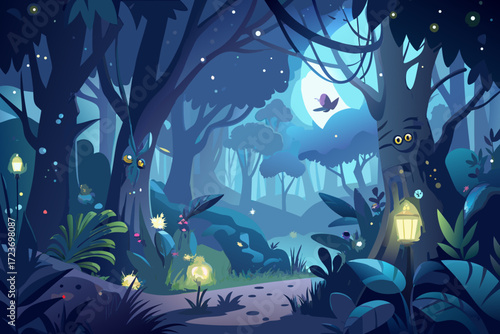 Enchanting moonlit forest scene with whimsical trees and glowing lanterns, perfect for children's books, fantasy games, and magical illustrations