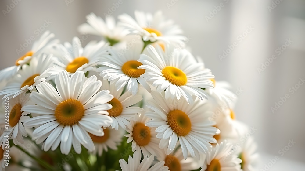 Fototapeta premium Fresh daisy bouquet bathed in soft sunlight, showcasing delicate pastel petals.
