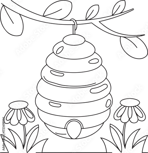 A black and white line art illustration of a beehive hanging from a tree branch with flowers below