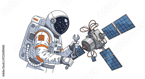 Astronaut in space suit performing satellite repair with wrench.