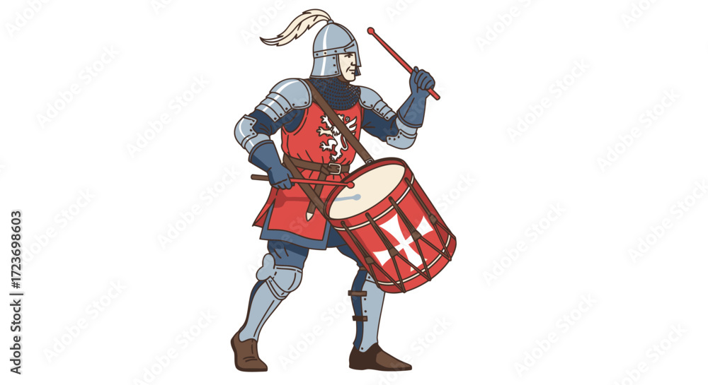 Naklejka premium Medieval Knight Drummer in Armor Playing a Red and White Drum.