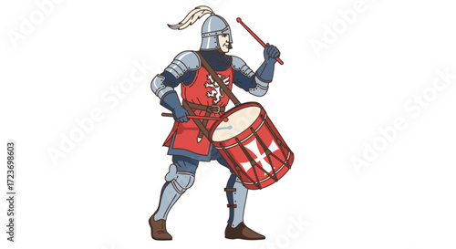 Medieval Knight Drummer in Armor Playing a Red and White Drum.