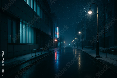 Empty city street at night in falling snow—cinematic blue hour with neon glow and wet reflections
