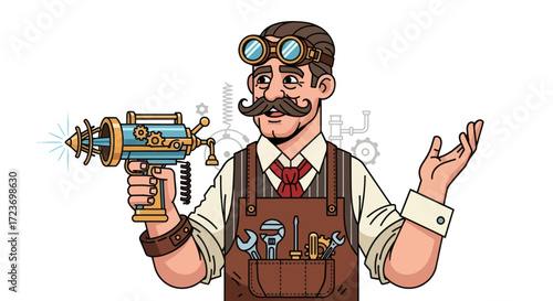 Steampunk Inventor Holding Futuristic Blaster with Goggles and Mustache.