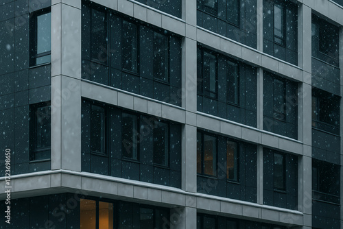 Modern apartment facade in falling snow—minimal urban architecture with dark panels and window grid
