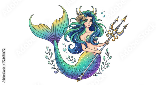 Colorful Mermaid Queen with Trident and Horned Crown.