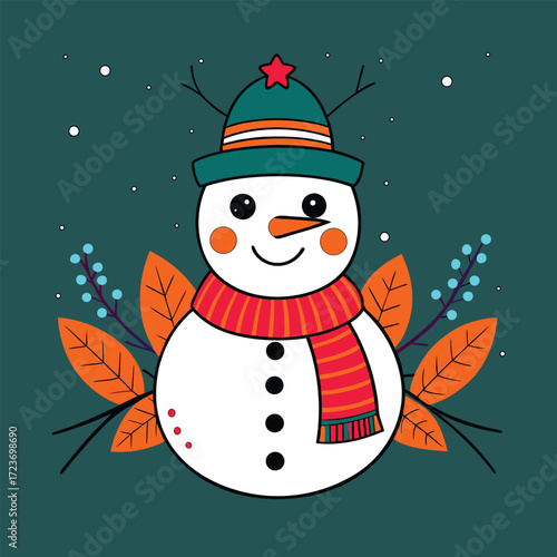 Charming hand-drawn snowman character festive winter holiday design with scarf hat and festive leaves and snowflakes