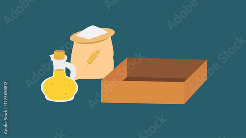 Olive oil, bag with flour and wooden box. Vector illustration in flat style