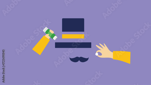 Hand with glue making a hat and mustache. Flat style vector illustration
