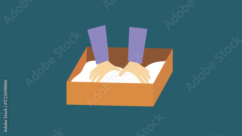 Illustration of hands kneading dough in a box. Flat design