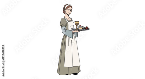 Vintage Maid Character Holding Serving Tray with Drink and Food.