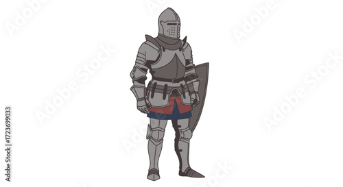 A full-body illustration of a medieval knight standing in a complete suit of plate armor with a shield.