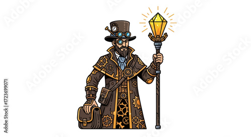 Steampunk Gentleman with Crystal Staff and Top Hat.