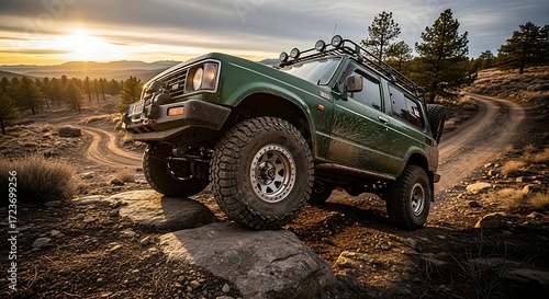 Green SUV Conquering Rocky Terrain at Sunset.