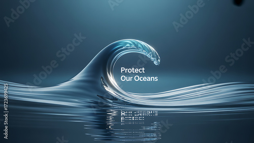 Fototapeta Naklejka Na Ścianę i Meble -  A stylized ocean wave with the text 'Protect Our Oceans' reflected in water, emphasizing marine conservation.
