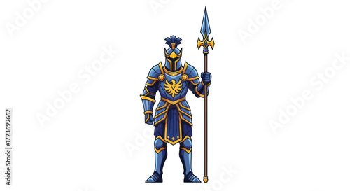 Fantasy warrior character in ornate blue and gold plate armor with a sun emblem and a spear.