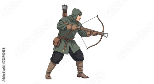 Medieval Archer in Green Outfit Aiming Crossbow.