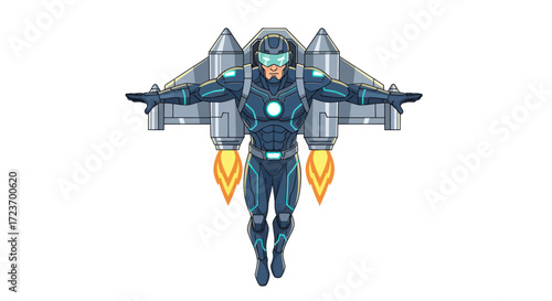 Futuristic Armored Character Flying with Jetpack and Rocket Boosters.