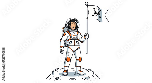 Cartoon Astronaut Planting Skull Flag on Lunar Surface.