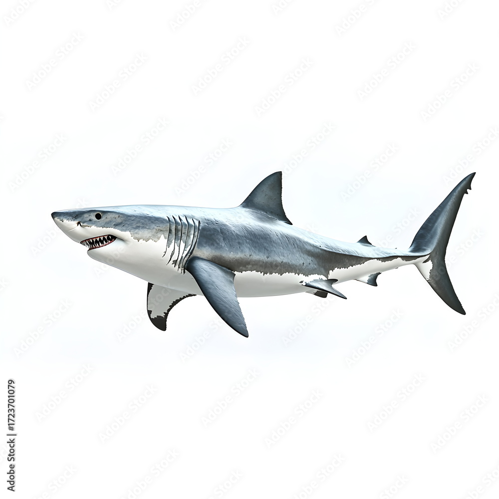 Obraz premium Realistic full-body side view portrait of a great white shark with streamlined body, sharp fins, and powerful tail, captured in high resolution with dynamic lighting, soft shadows, and clean sharp.