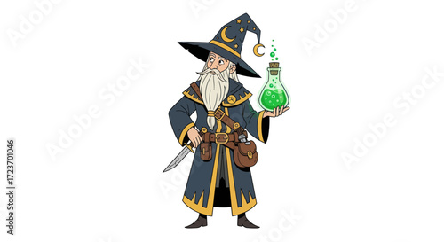 Cartoon Wizard with Long Beard Hat and Potion Bottle.
