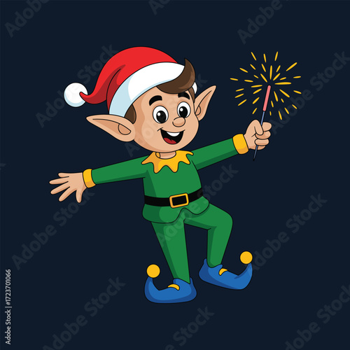 Cartoon elf in Santa hat holding a sparkler on a dark blue background Christmas holiday