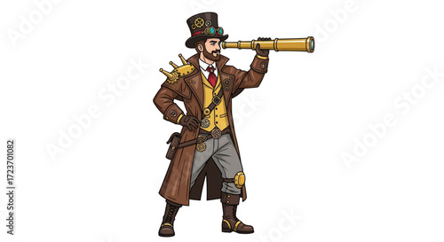 Steampunk Gentleman Explorer with Brass Telescope Illustration.
