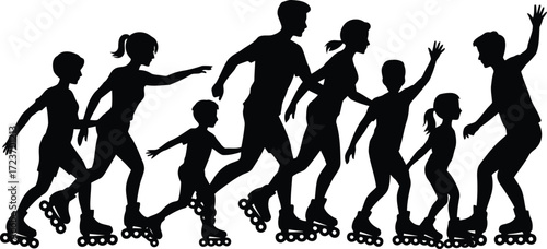 Energetic family fun with roller skates silhouettes, enjoying outdoor activity together, promoting active lifestyle and family bonding moments with joy