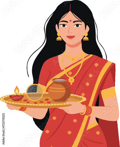 an Indian woman holding a puja thali (prayer plate)