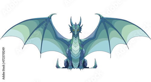 Majestic Blue Dragon with Spreading Wings and Horns.