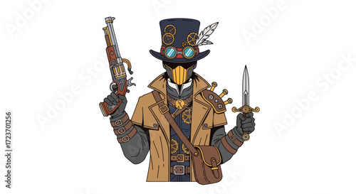 Steampunk Character Holding Gun and Knife Detailed Illustration.