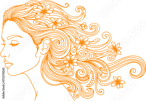 Elegant woman with flowing hair adorned with delicate flowers, isolated on white background, showcasing beauty and grace in a minimalist style