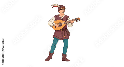 A medieval minstrel or bard in historical costume playing a lute.