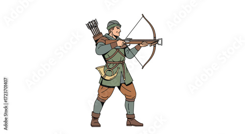 Medieval Crossbowman in Combat Stance Aiming Weapon.