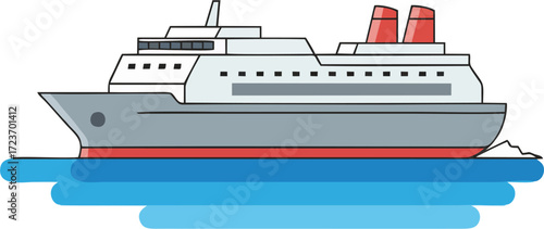 Flat Design Vector Illustration of Modern Cruise Ship with Red Funnels on Blue Ocean – Maritime Transport Clipart for Travel and Tourism Projects