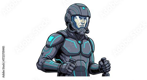 Futuristic Pilot in Armored Suit and Helmet with Glowing Visor.