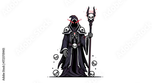 Grim Reaper Figure with Skull Staff and Skeletal Armor.