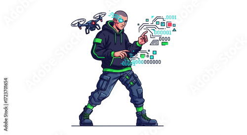 Futuristic Person Interacting with Holographic Data and Drones.