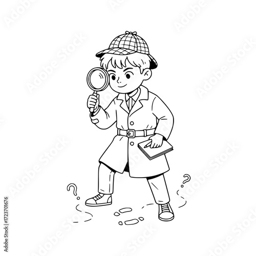 Detective boy magnifying glass outline drawing