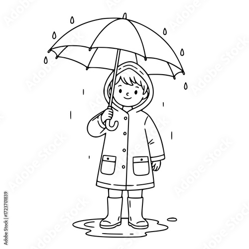 Girl holding umbrella under rainy weather outline