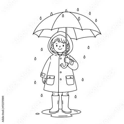 Boy wearing raincoat holding umbrella outline