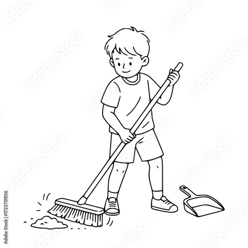 Boy sweeping floor with broom outline drawing
