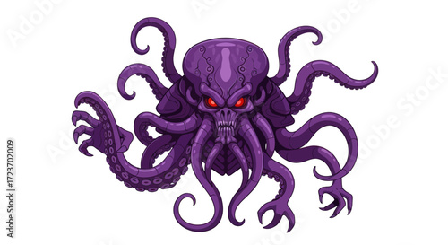 Purple Octopus Monster with Red Eyes and Tentacles.