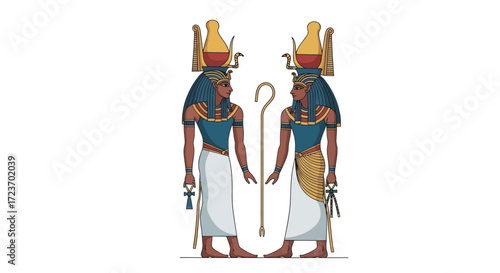 Two Ancient Egyptian Gods with Elaborate Headdresses and Staff.