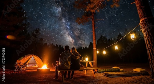 Wallpaper Mural Couple watches the Milky Way from their campsite with a tent, campfire, and hanging lanterns. Torontodigital.ca