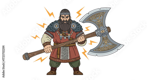 Bearded Viking Warrior Holding a Large Double-Bladed Axe.