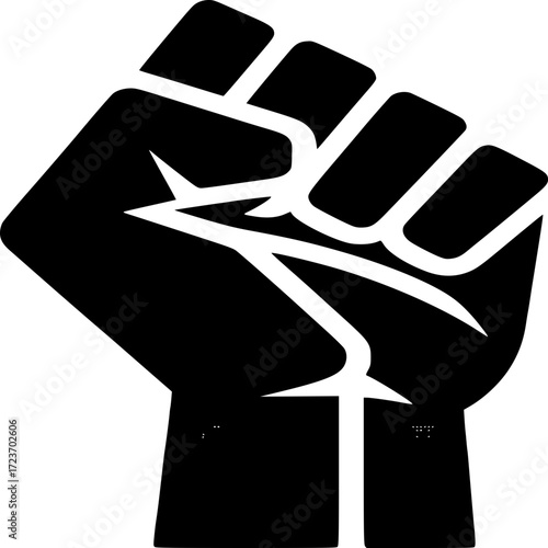 Symbol of Solidarity: A powerful silhouette of a clenched fist rises in a gesture of unity, strength, and resistance. This image symbolizes the collective determination.